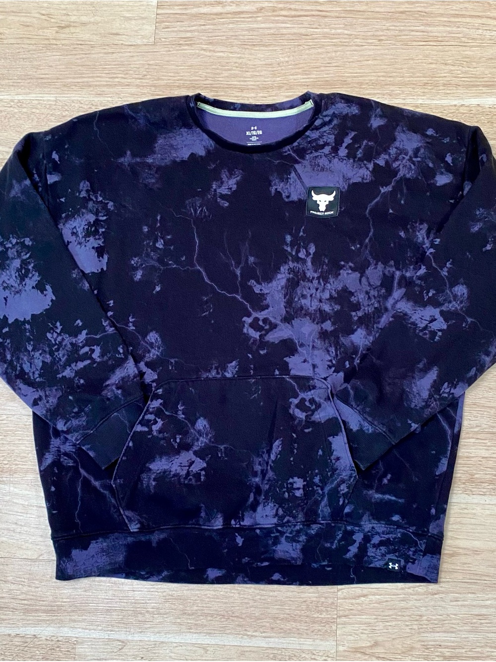 Under Armour Project Rock Crew Sweatshirt Mens XL Black Grey Rival Disrupt Print